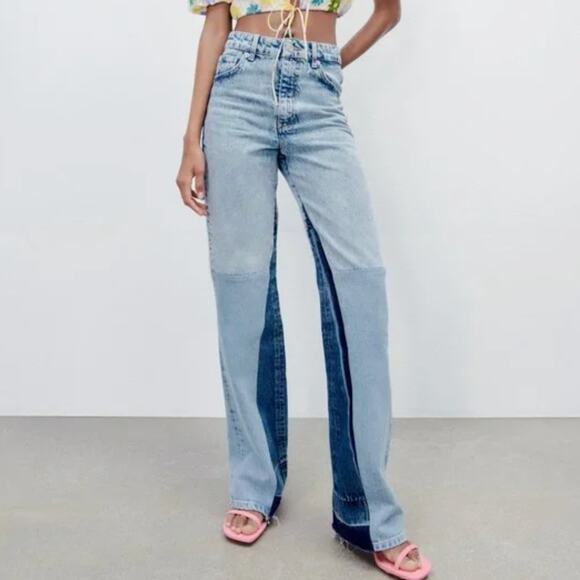 Zara Wide Leg Patchwork Collection Jeans Color Block Bell Bottom Jeans Size 6 - Picture 2 of 11